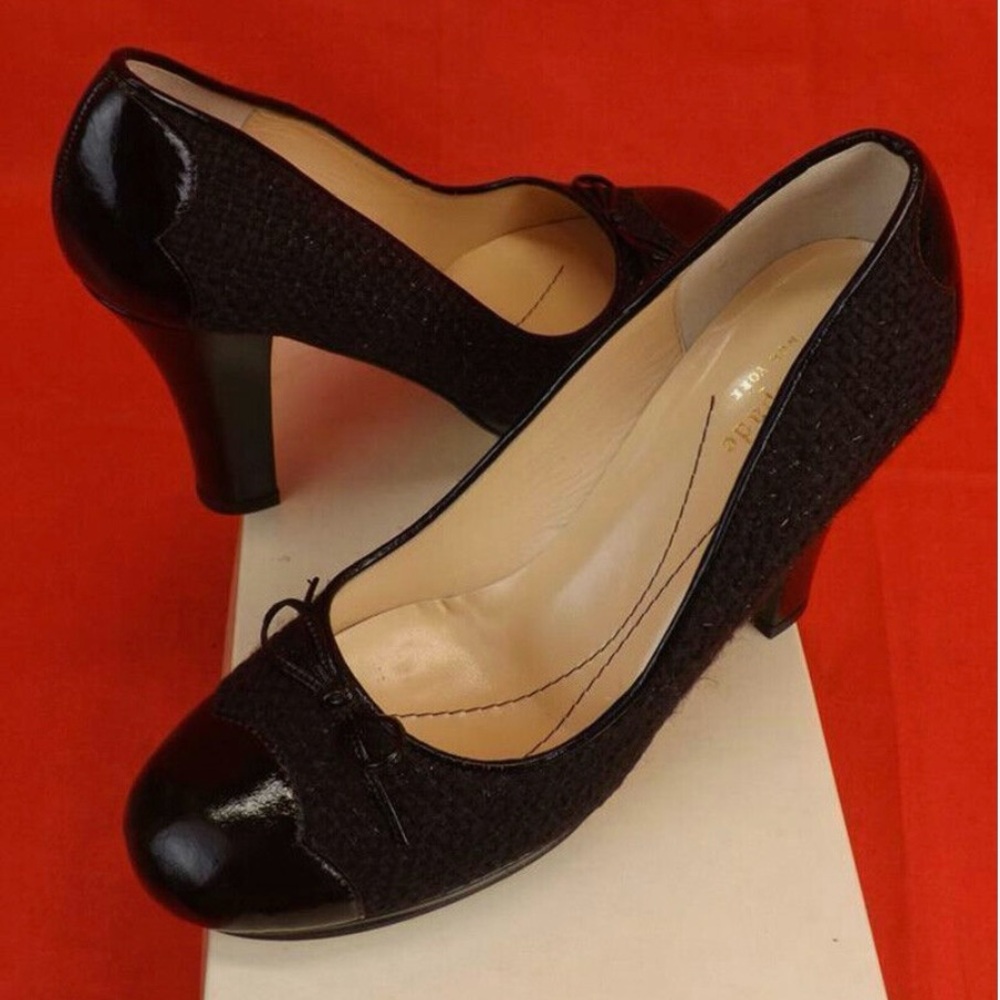 Kate Spade Marlena Tweed Patent Cap Toe Chocolate Platform Pump Bow Size 9.5 B